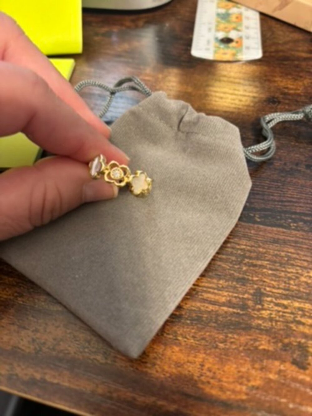 14K Gold Plated Mother of Pearl Clover Ring - Dainty Floral Band with Crystal Ce - Picture 2 of 4